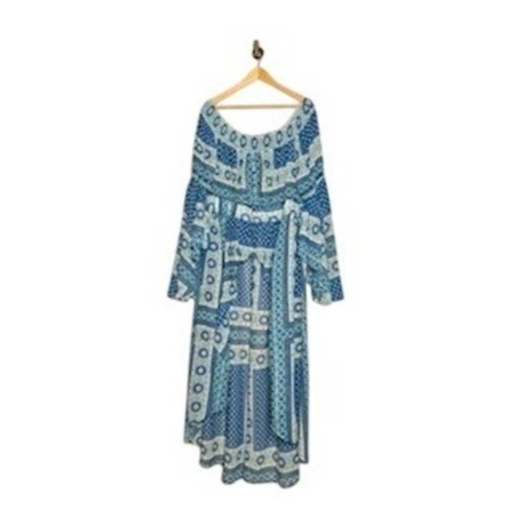 Blue Patchwork Print Duster Top Longline Boho Kimonoβ Tie Waist